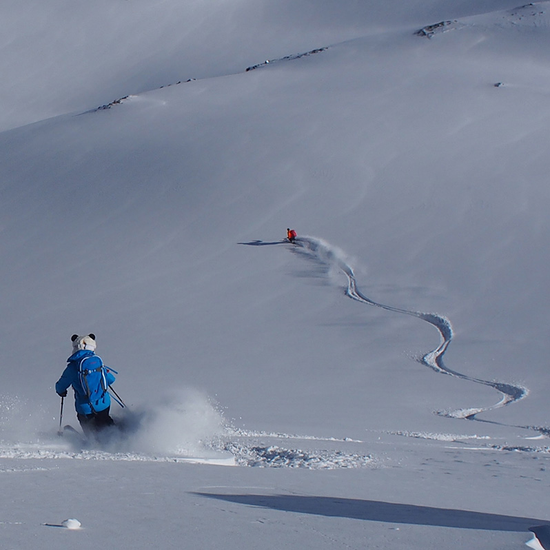 2 skiers skiing down mountain