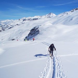 Skier skinning up mountain